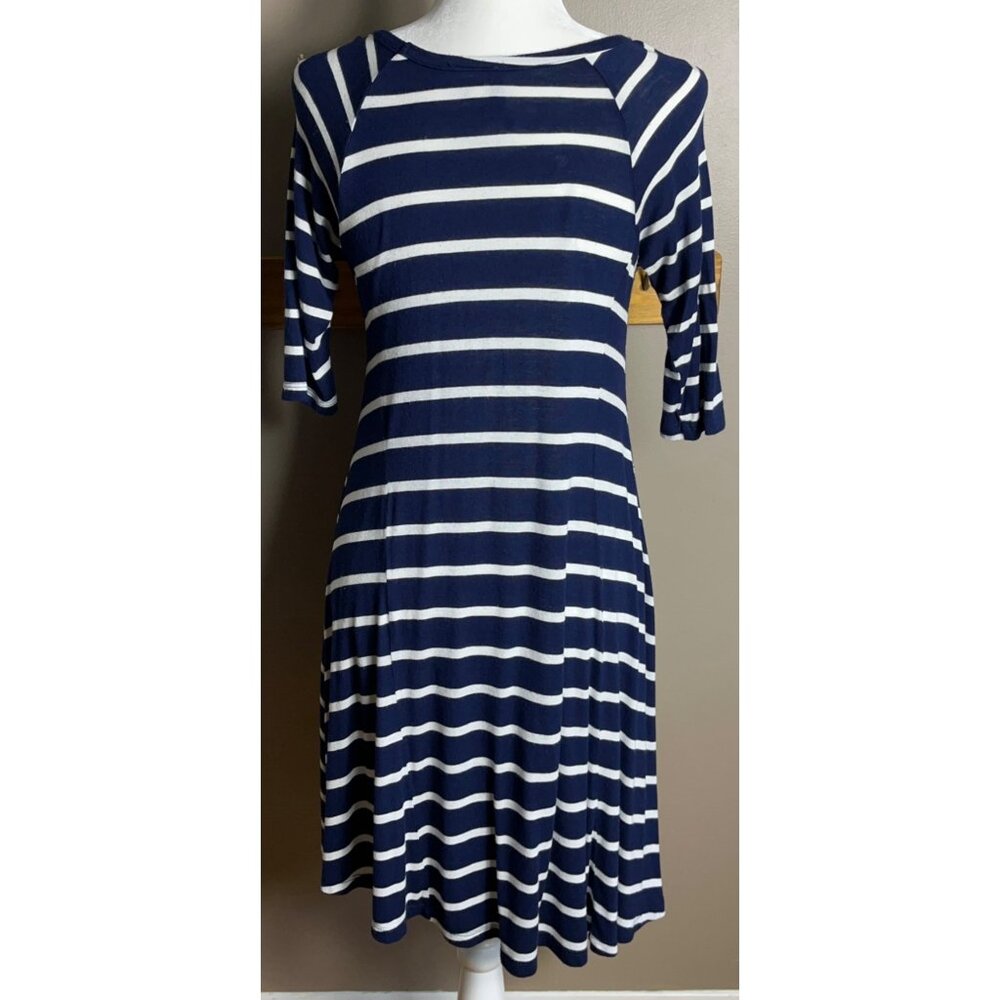 New Directions Dress Blue Stripe Knit Jersey Swing Trapeze Comfort Womens S - Picture 2 of 10